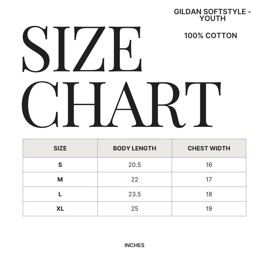 A size chart graphic for Gildan Softstyle - Youth 100% cotton clothing, showing a table with sizes S through XL, body length in inches, and chest width in inches on a white background.