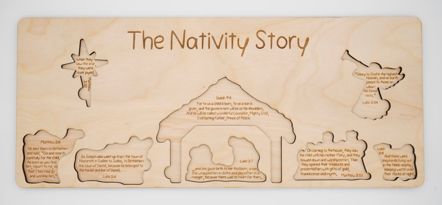 Wooden nativity scene puzzle with engraved scenes and text about the nativity story underneath the pieces