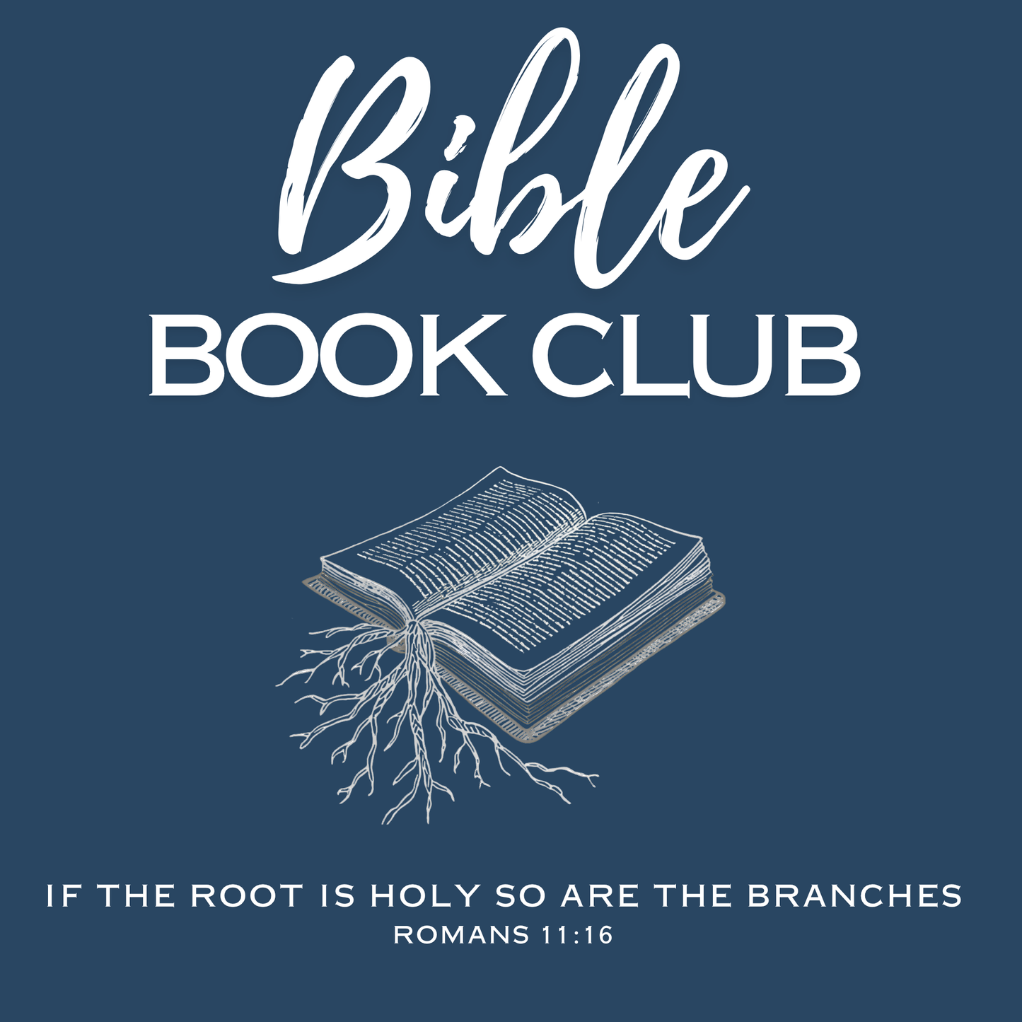 Closeup of Bible Book Club design in white on navy background
