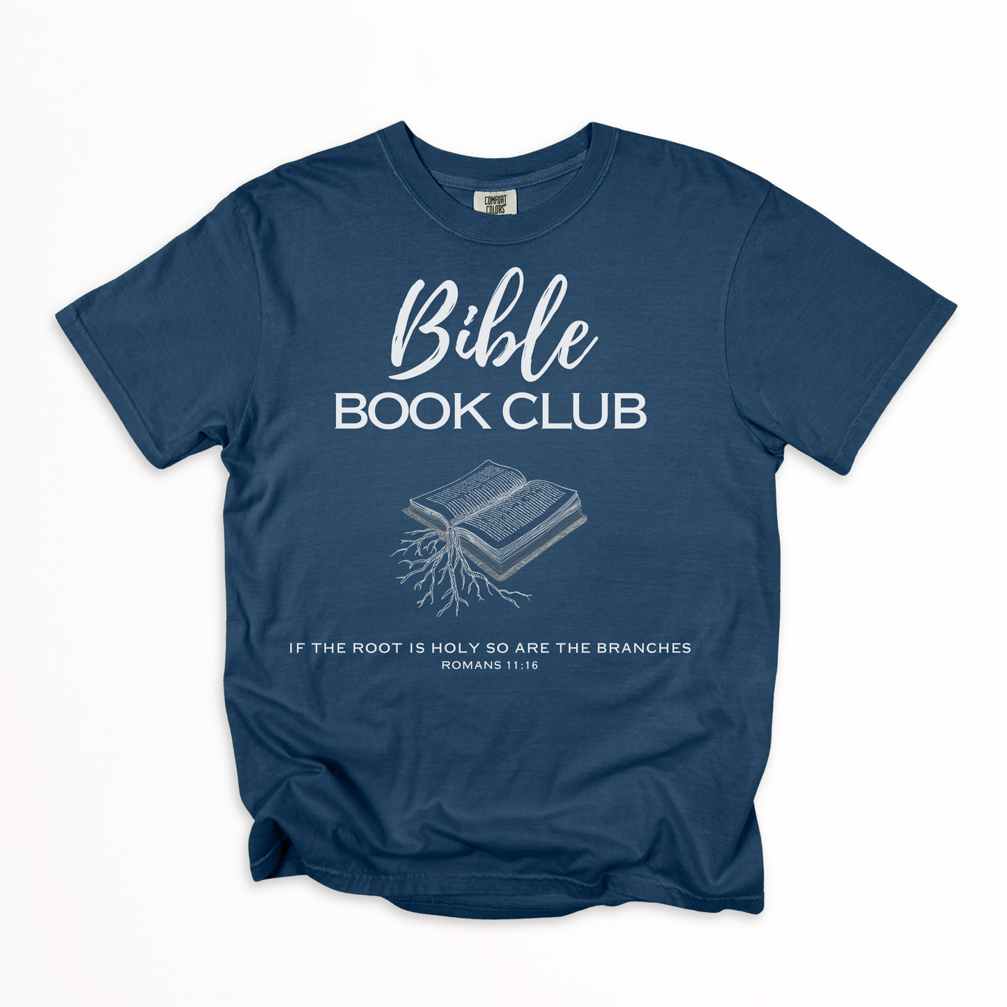Flatlay of a navy tshirt with a Bible Book Club design in white