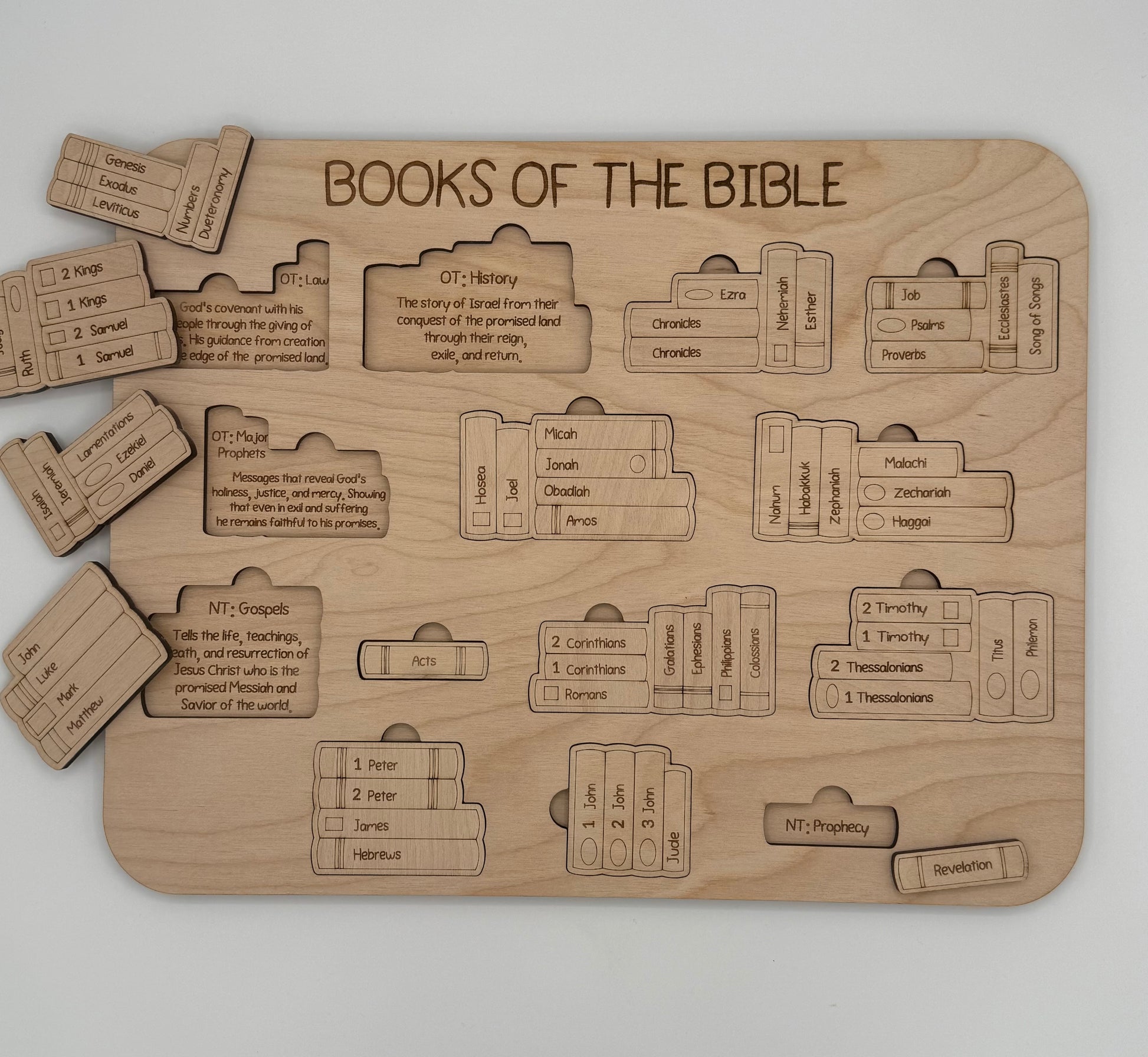 Books of the Bible laser engraved puzzle with pieces shaped like books and laser engraved writing in the back of the puzzle board.