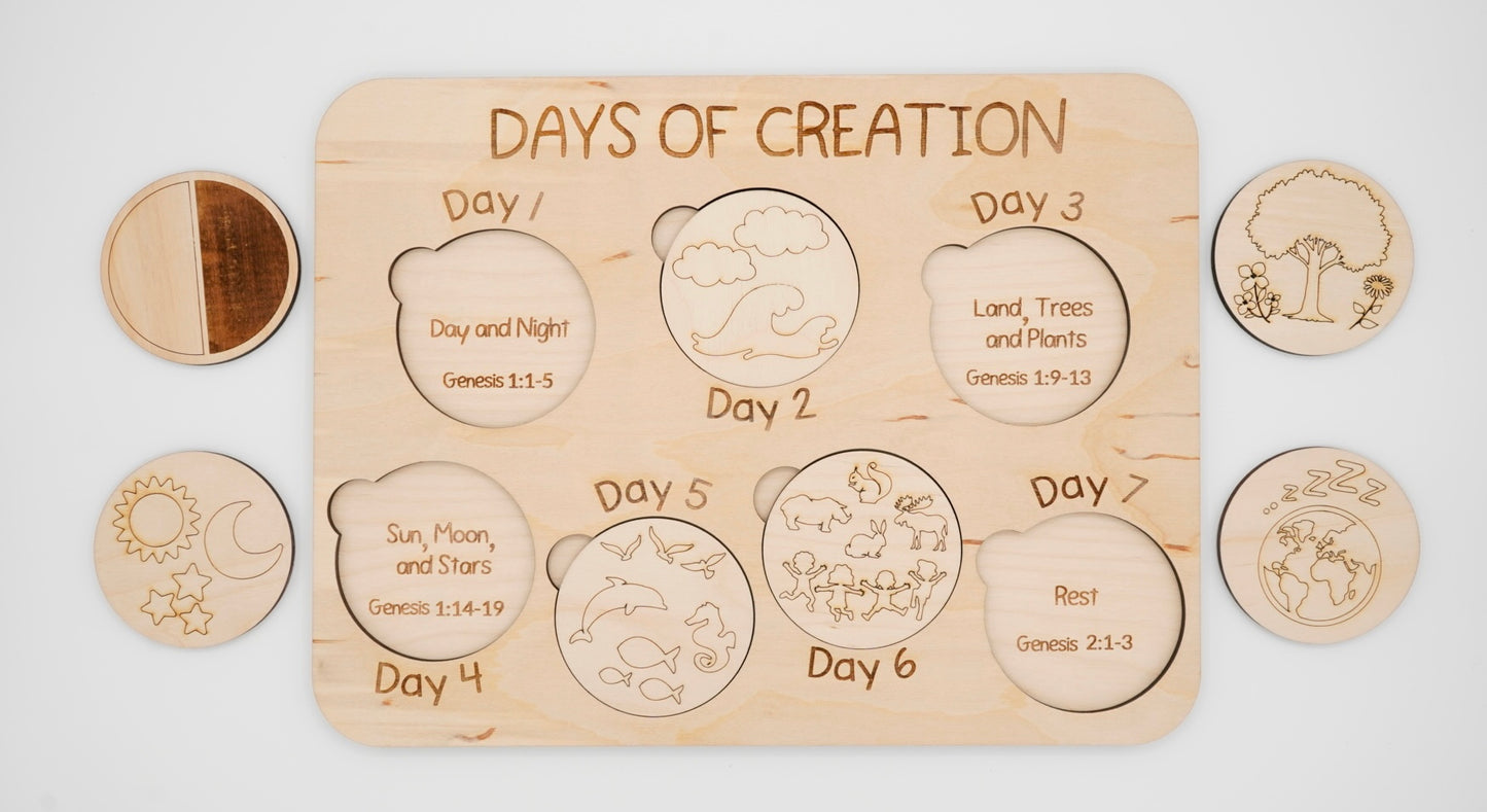 Wooden educational puzzle titled 'Days of Creation' with circular pieces depicting the creation days like Day and Night, Land Trees and Plants.