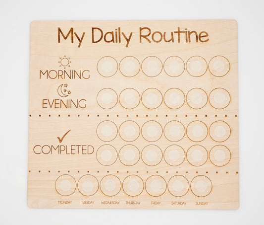 Wooden laser engraved daily route board with places for wooden tokens to go outlining the routine.