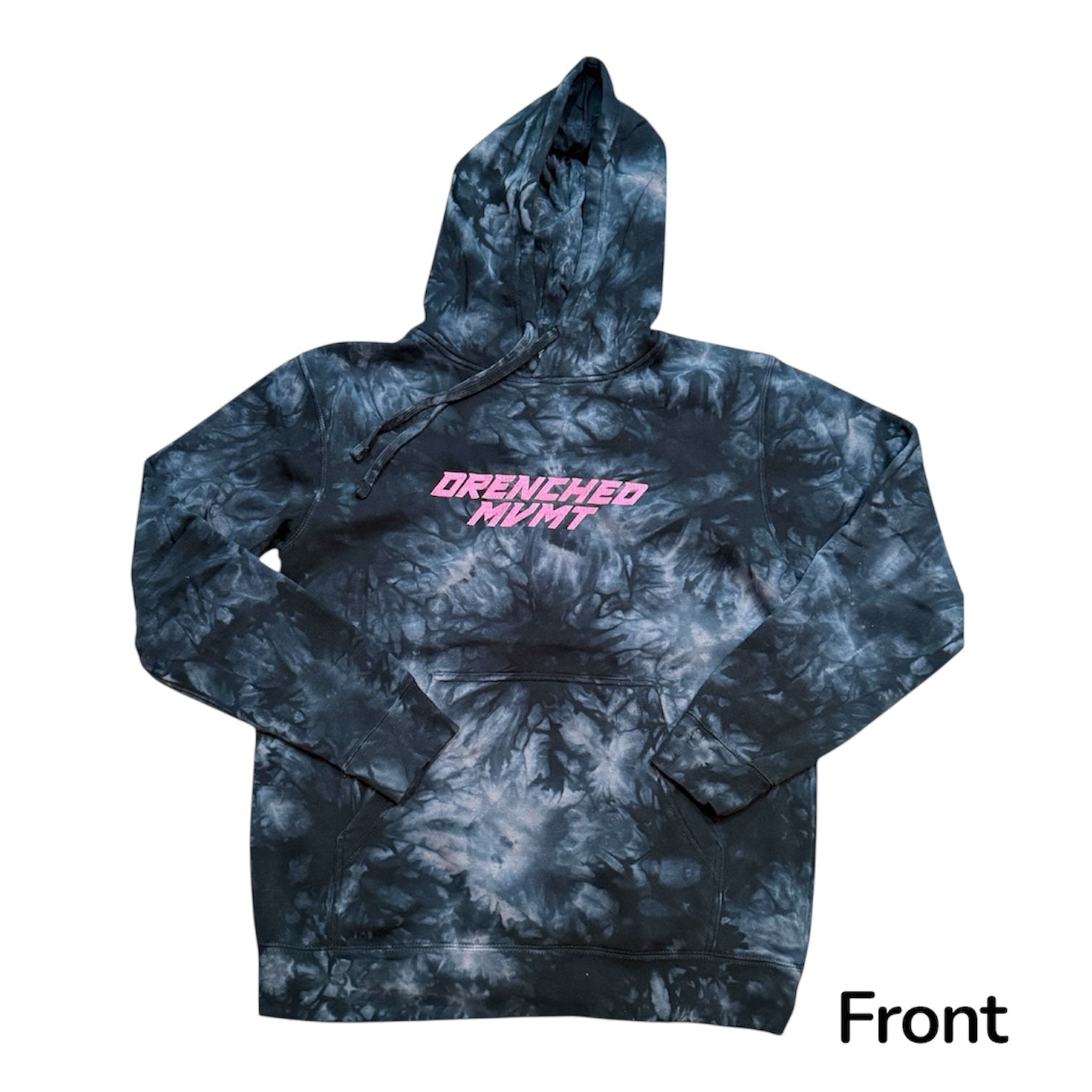 Black and white tie dye hooded sweatshirt with 'Drenched Mvmt' embroidered on the front center chest in pink on a white background