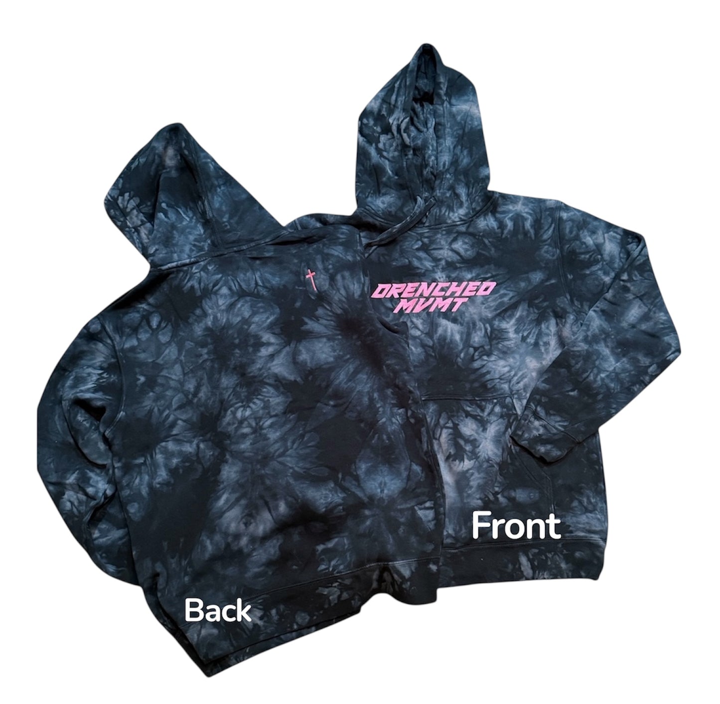 Black and white tie dye hooded sweatshirt with 'Drenched Mvmt' embroidered on the front center chest in pink and a small pink cross embroidered on the back top right shoulder on a white background