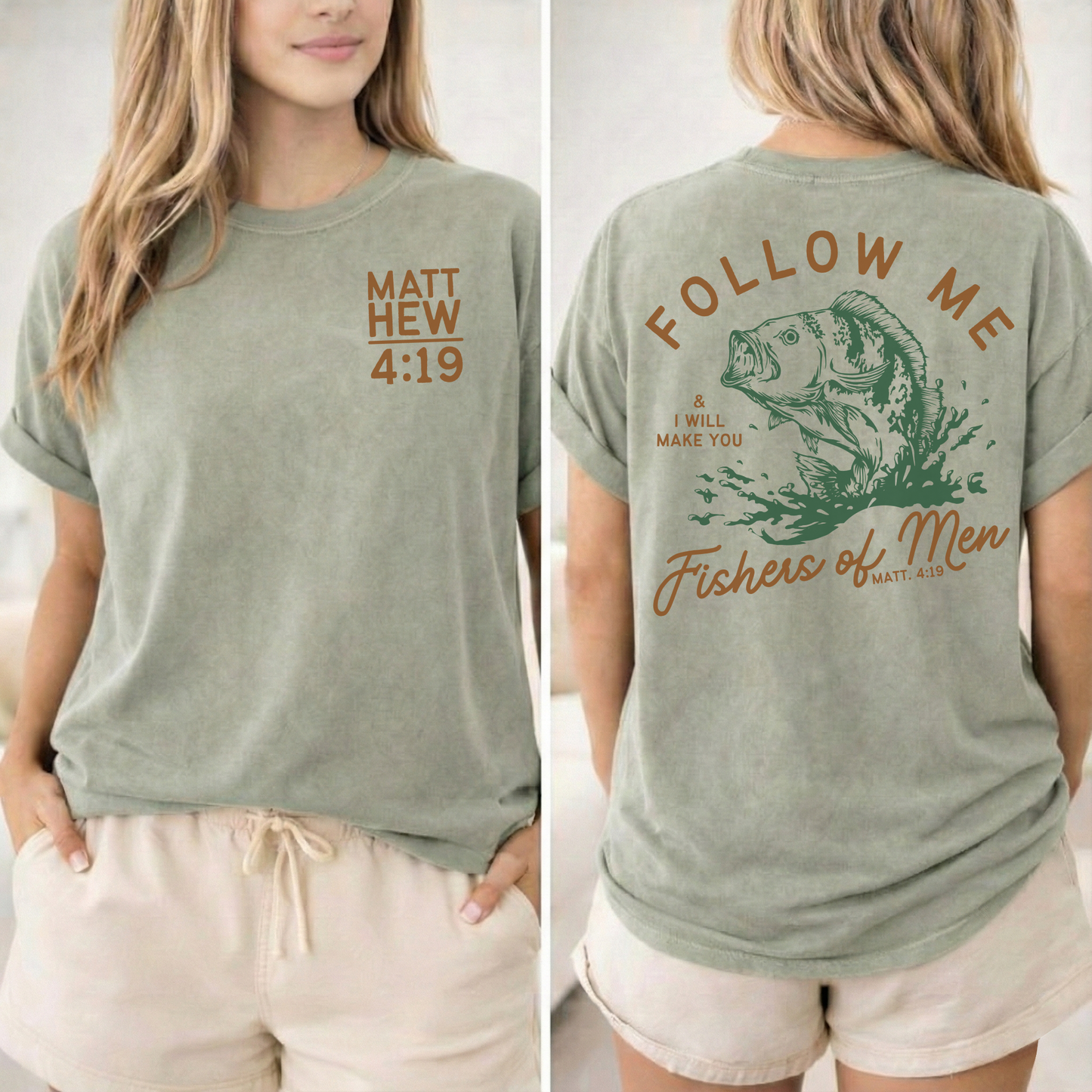 Female model wearing sandstone tshirt with fishers of men graphic in green and burnt orange