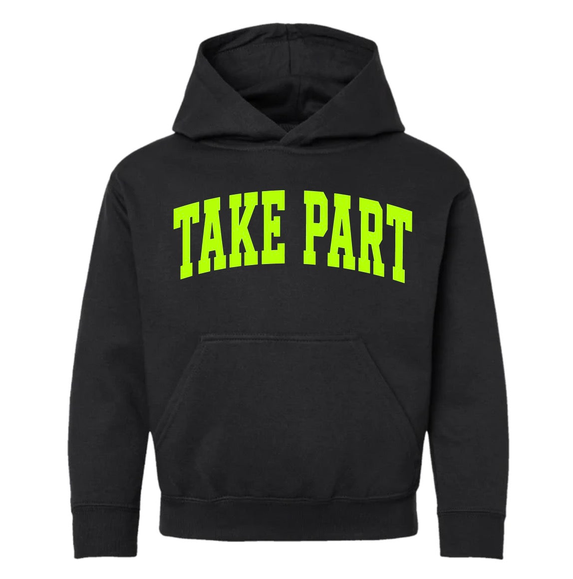 A black pullover hoodie with the words 'TAKE PART' printed across the chest in a bright neon yellow-green arched font, shown against a plain white background.