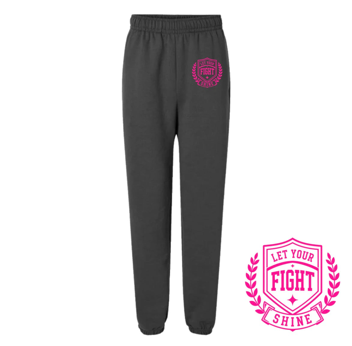 Dark gray sweatpants with a pink circular 'Fight Club' logo on the left chest, shown on a white background with a pink graphic overlay in the bottom right corner.