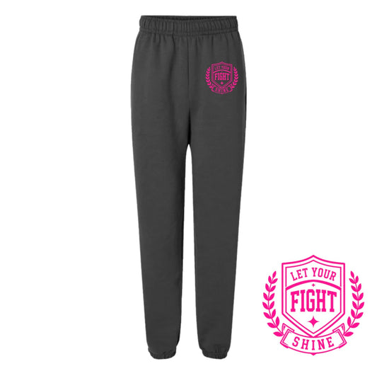 Dark gray sweatpants with a pink circular 'Fight Club' logo on the left chest, shown on a white background with a pink graphic overlay in the bottom right corner.