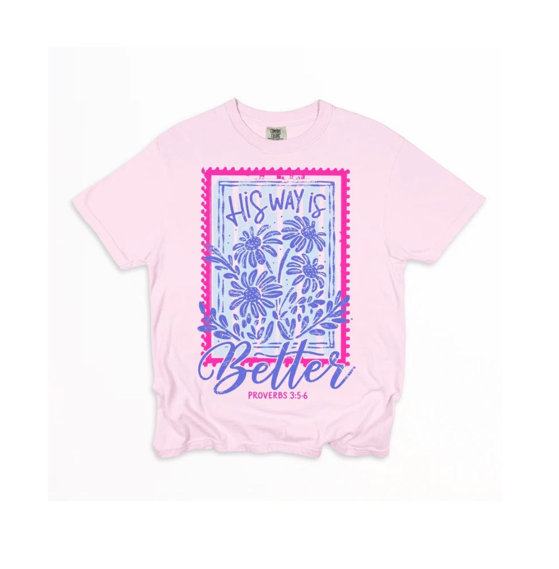 A light pink short-sleeve t-shirt with a graphic print on the front. The graphic features a blue floral stamp design with the text 'HIS WAY IS Better' and 'PROVERBS 3:5-6' in blue and pink, set against a clean white background.