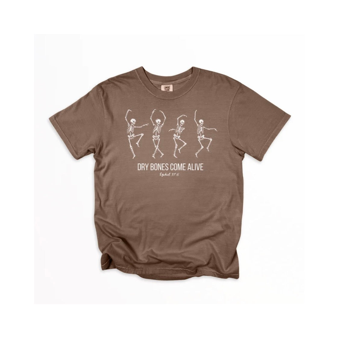 A brown short-sleeve crewneck t-shirt featuring a white graphic of four dancing skeletons and the text 'DRY BONES COME ALIVE' with 'Ephesians 3:14' printed below, displayed flat against a white background.