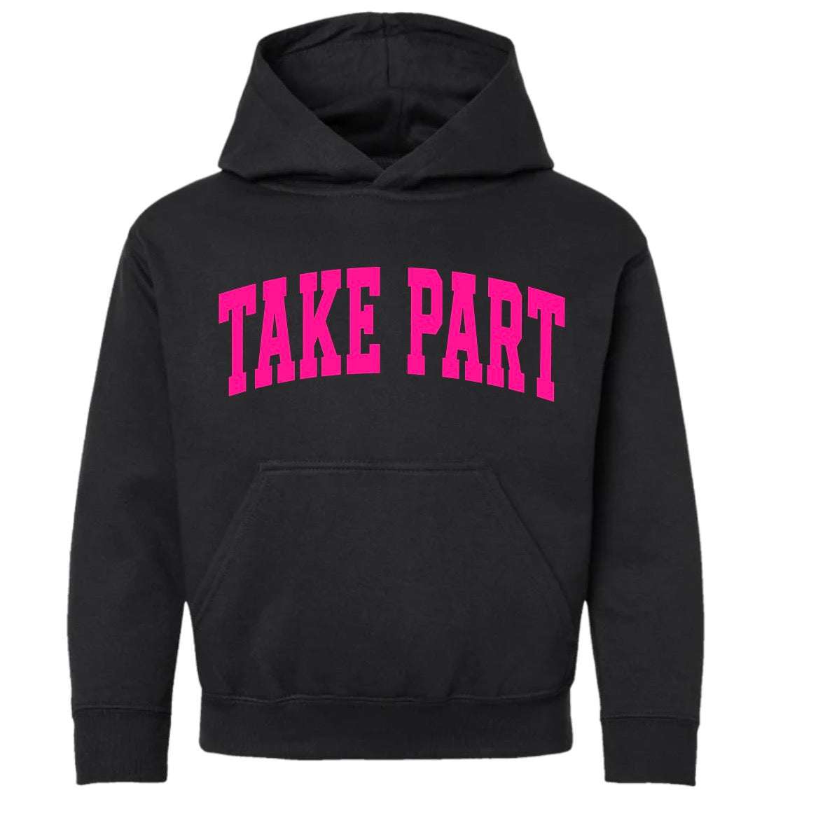 A black pullover hoodie with the words 'TAKE PART' printed across the chest in bright pink block letters, shown against a plain white background.