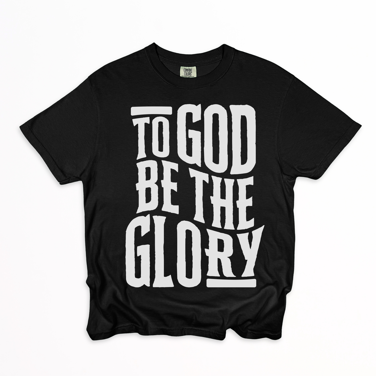 Black tshirt flatlay with white text
