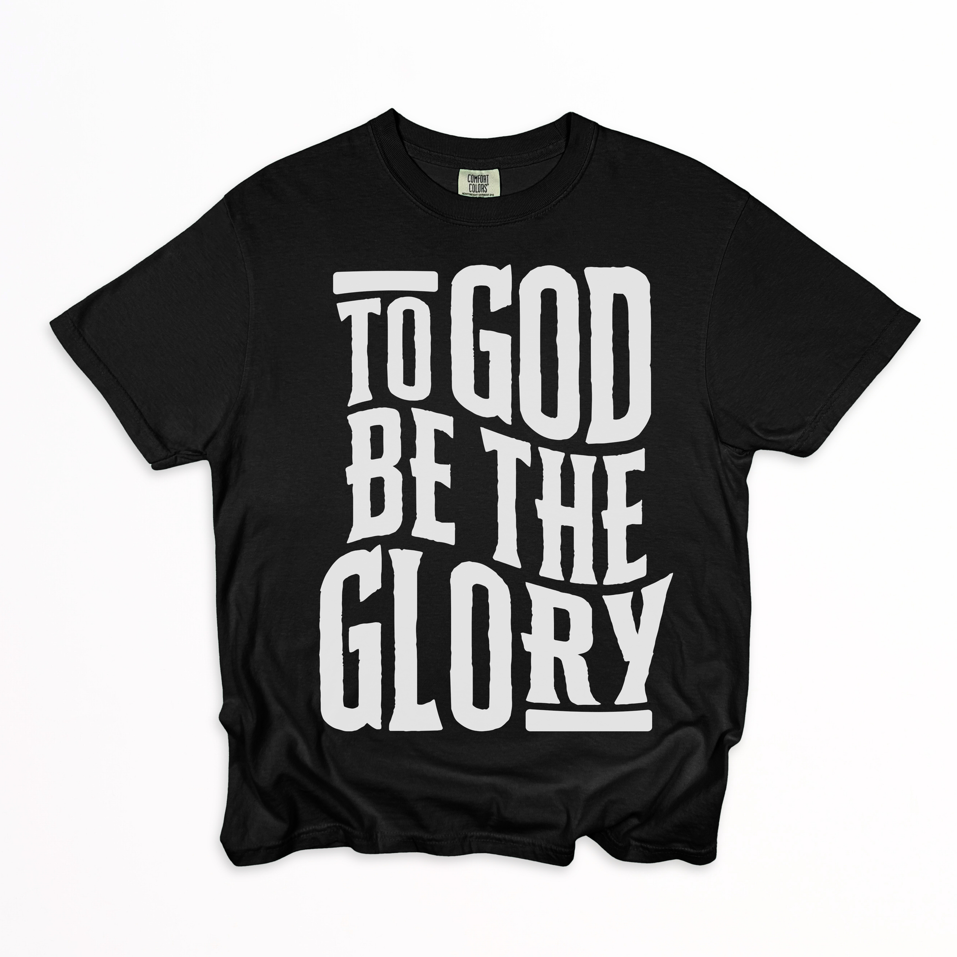 Black tshirt flatlay with white text
