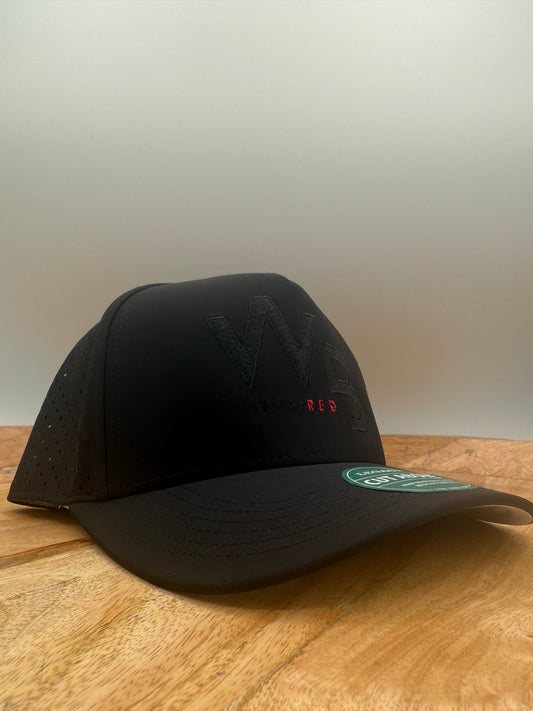 Black hat with a Will B Inspired company logo embroidered in black and red