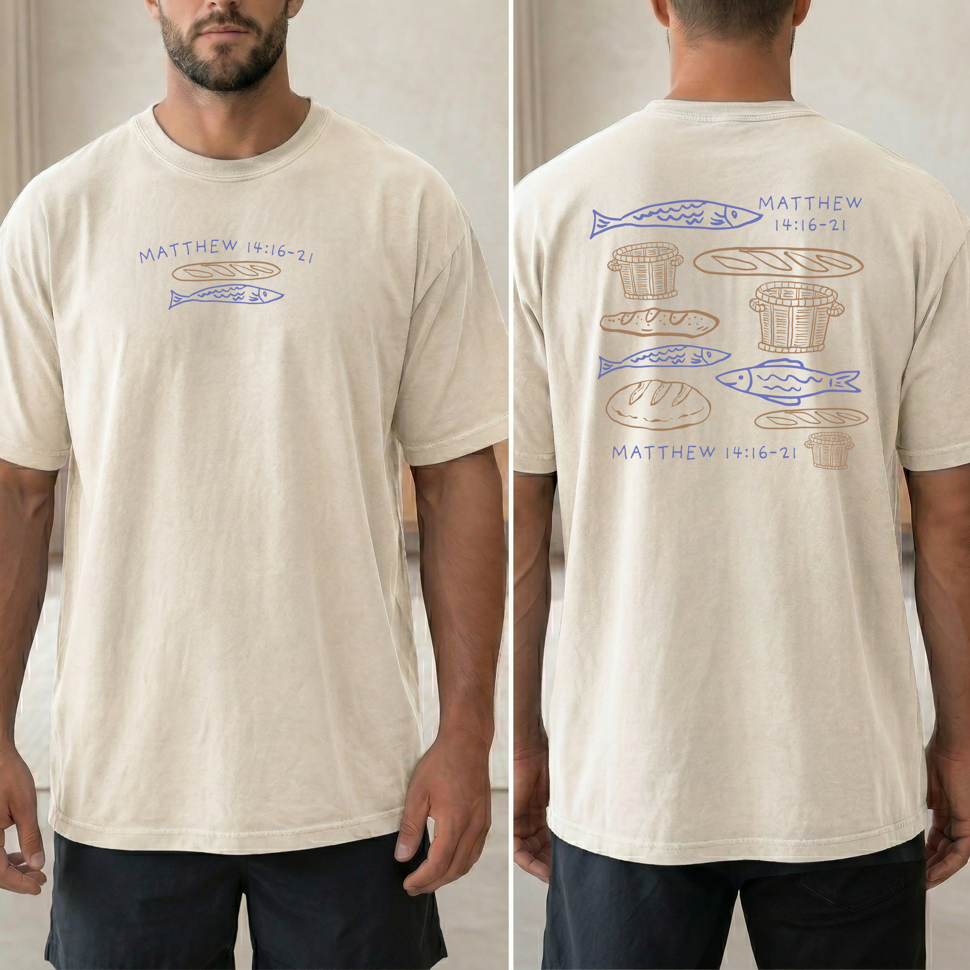 Matthew Fisher and Loaves Ivory Tshirt with blue and brown graphics font and back display.