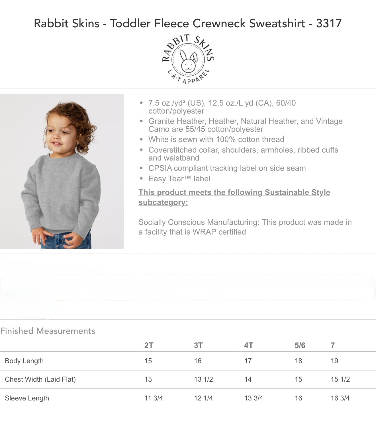 Size chart of the brand rabbit skins kids sweatshirts featuring dimensions for 2T-size 7 measurements.