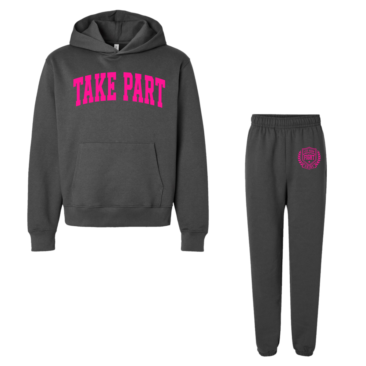 A dark gray two-piece athletic outfit set featuring a pullover hoodie with 'TAKE PART' printed in bright pink across the chest, and matching jogger pants with a small pink crest logo on the upper left thigh.