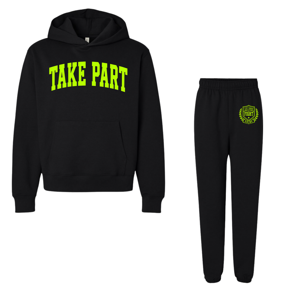 A two-piece black hoodie and sweatpants set with a bright neon yellow-green graphic. The hoodie features the words 'TAKE PART' in arched neon yellow-green letters across the chest, and the matching sweatpants feature a circular crest graphic on the upper left thigh.