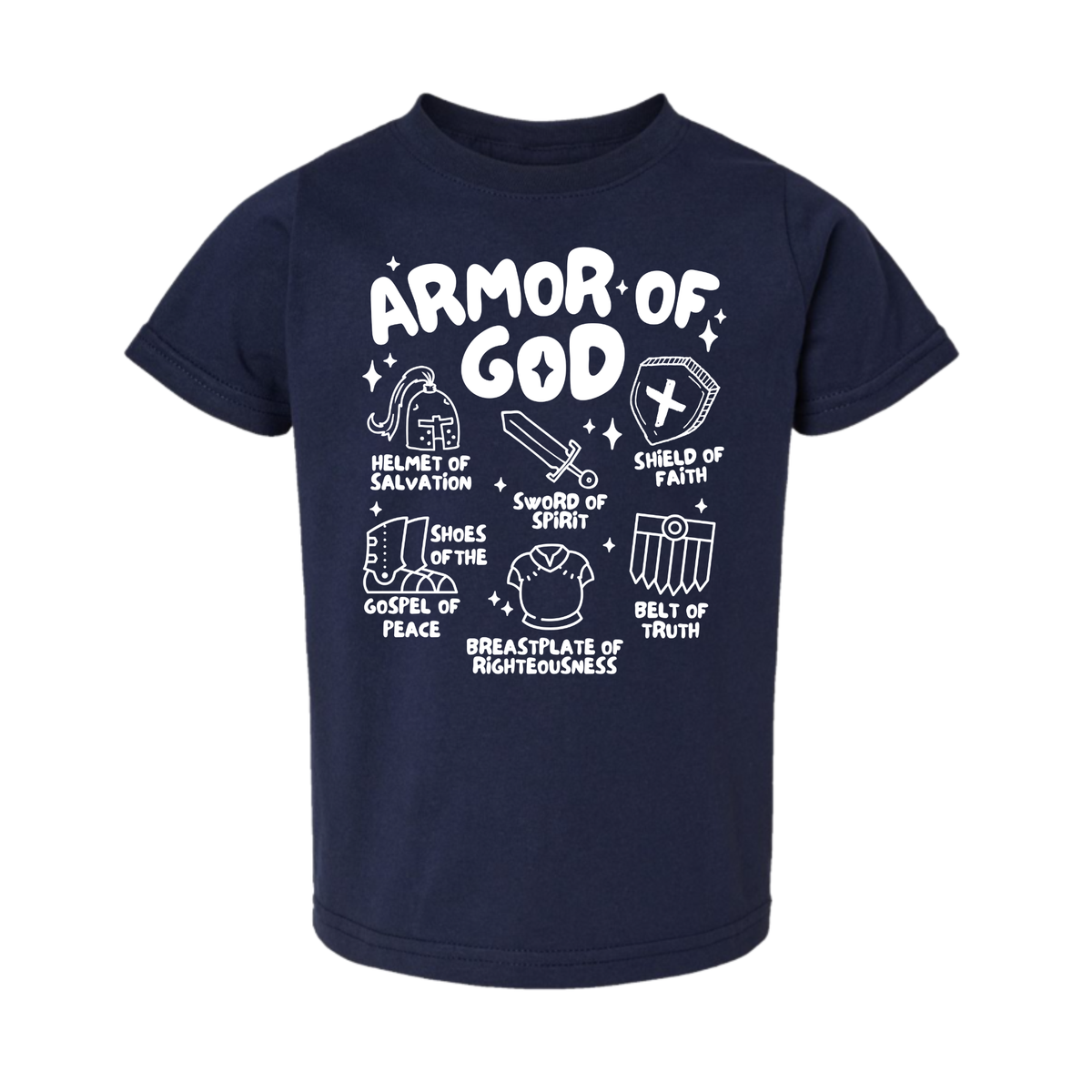 A navy blue short-sleeve t-shirt with a white graphic print on the front reading 'ARMOR OF GOD' and featuring illustrations and text associated with Christian faith and righteousness.