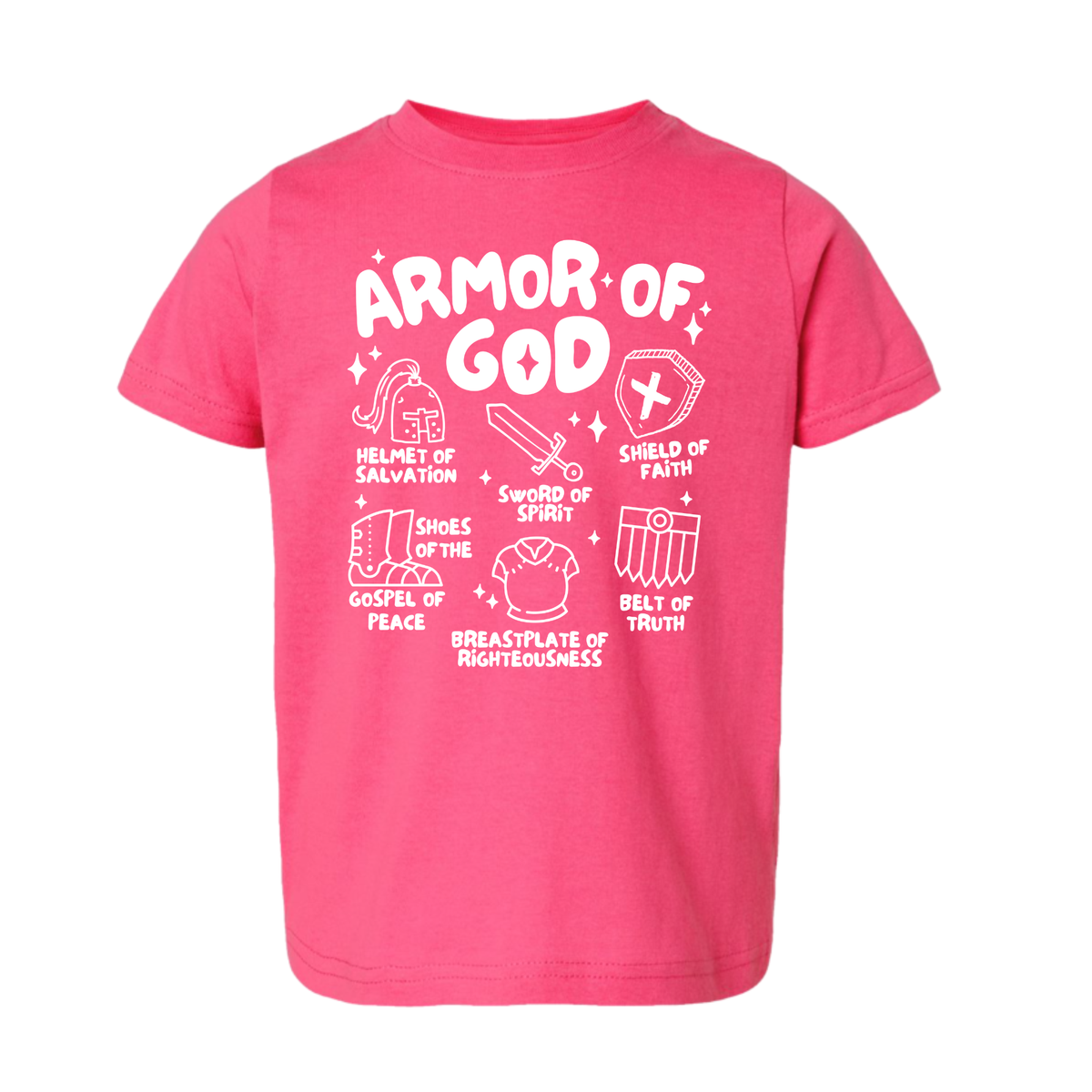 A bright pink short-sleeve t-shirt with a white graphic print on the front reading 'ARMOR OF GOD' and listing biblical armor symbols with labels, shown on a plain white background.
