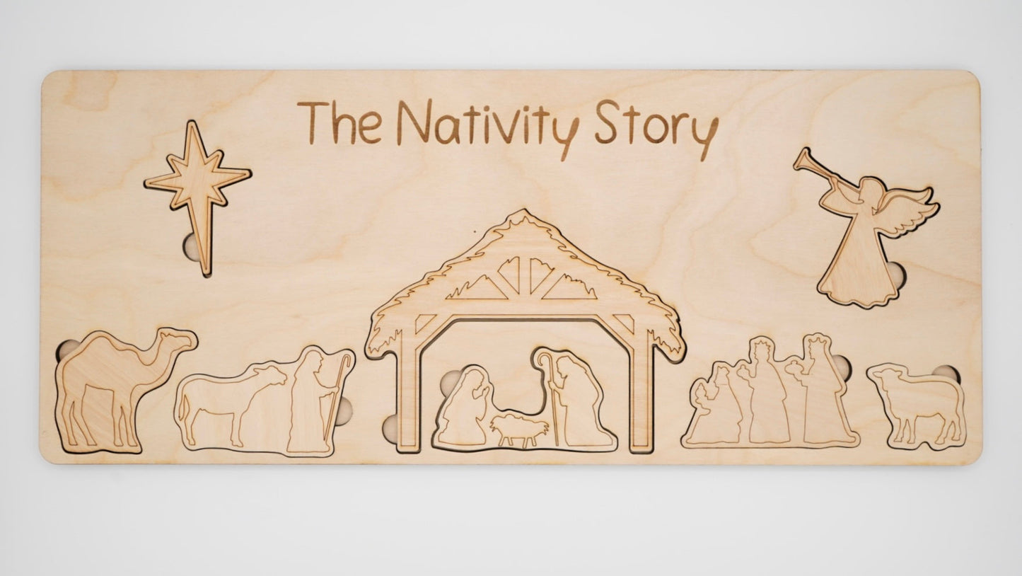 Wooden nativity scene puzzle set with 'The Nativity Story' text laser engraved