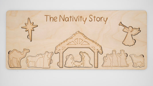 Wooden nativity scene puzzle set with 'The Nativity Story' text laser engraved