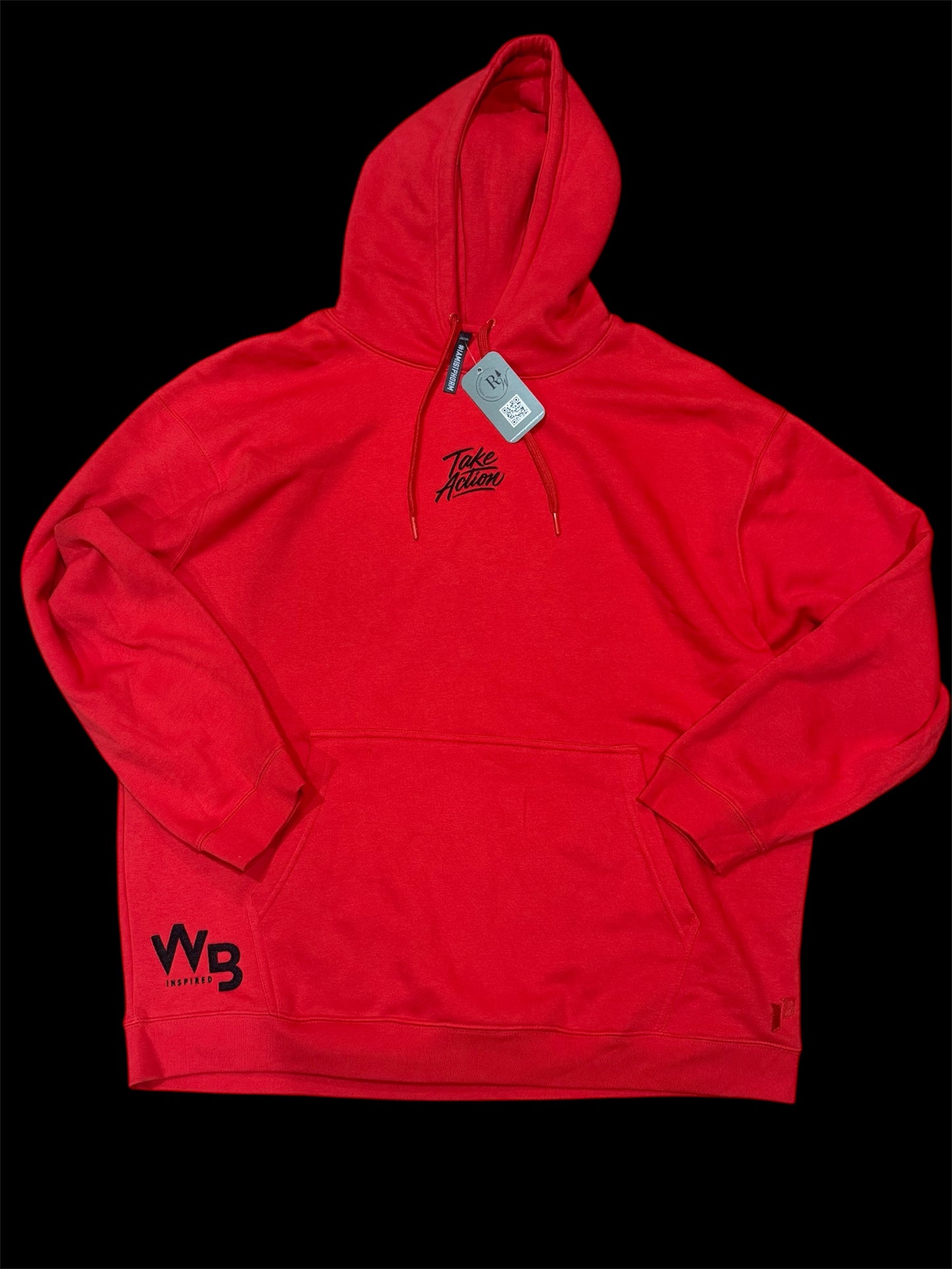 Red hooded sweatshirt with the text 'Take Action' and a Will B Inspired logo on the bottom left embroidered in black
