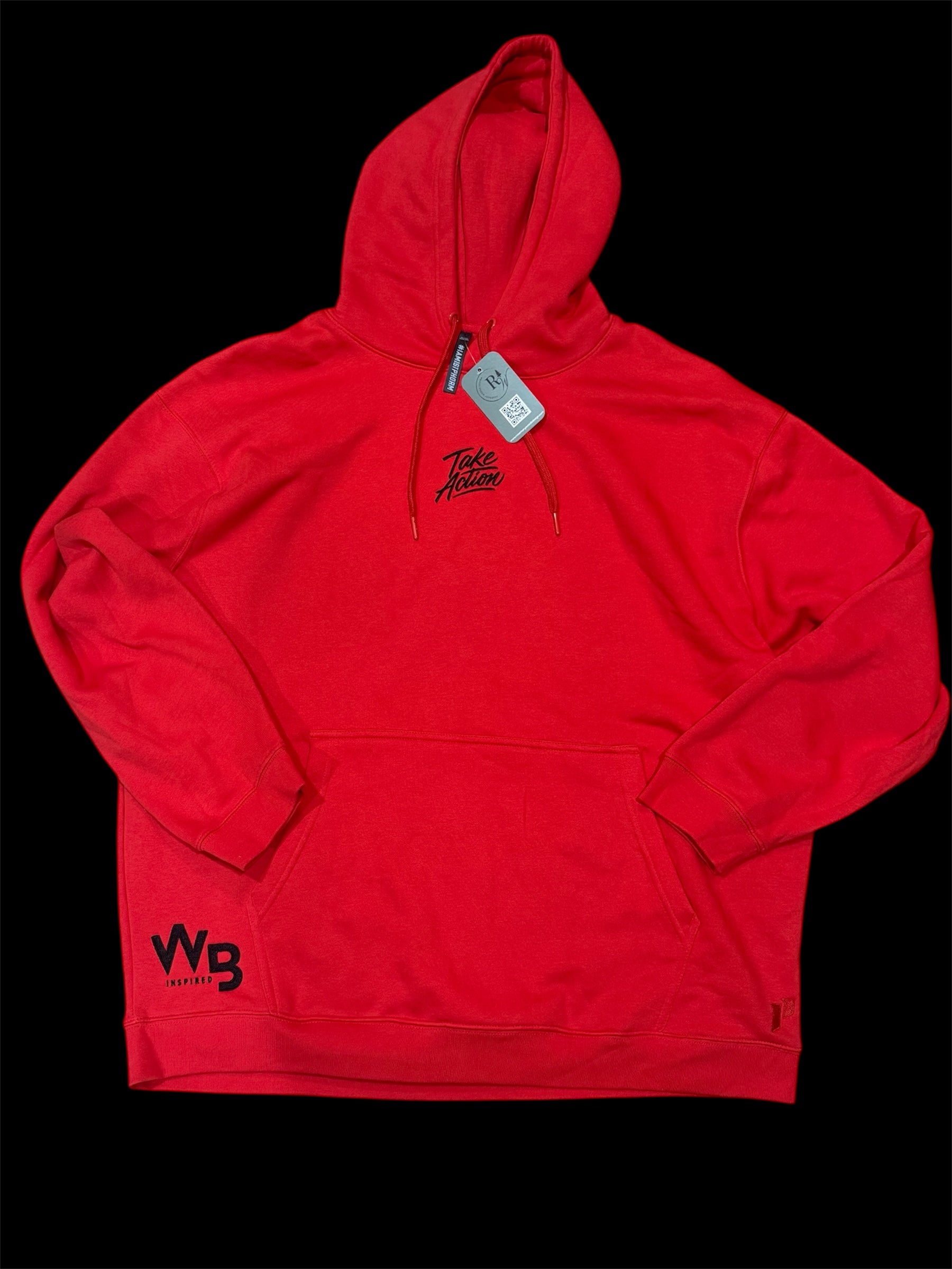 Red hooded sweatshirt with the text 'Take Action' and a Will B Inspired logo on the bottom left embroidered in black