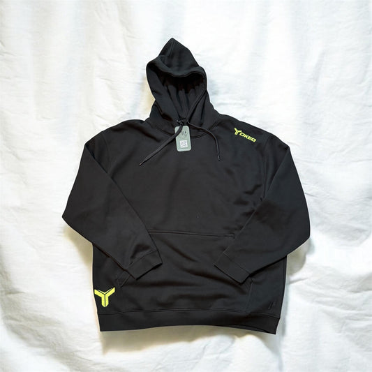 Black hooded sweatshirt with the text 'Yoked' and Yoked logo embroidered in neon yellow.