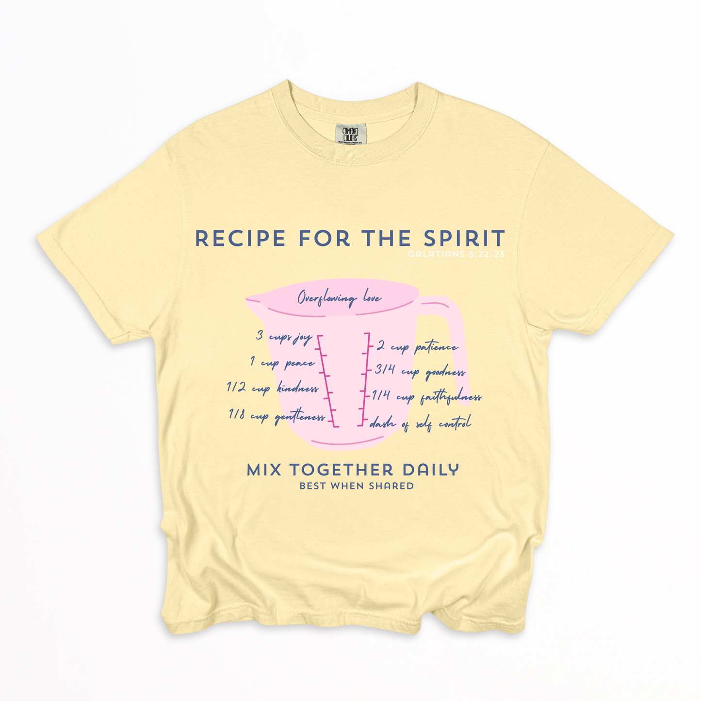 Yellow t-shirt with 'Recipe for the Spirit' text and graphic in blue text flatlay design