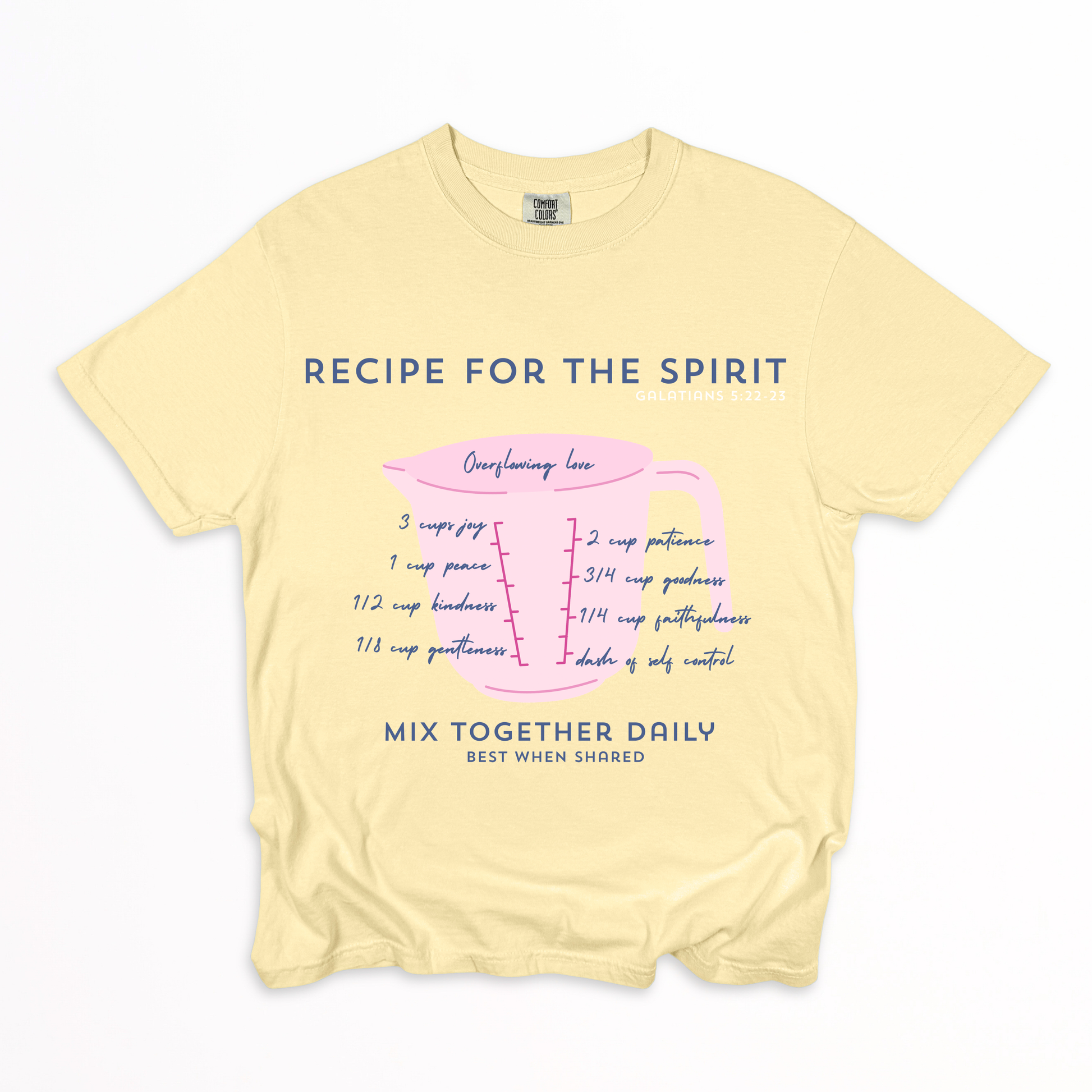 Yellow t-shirt with 'Recipe for the Spirit' text and graphic in blue text flatlay design