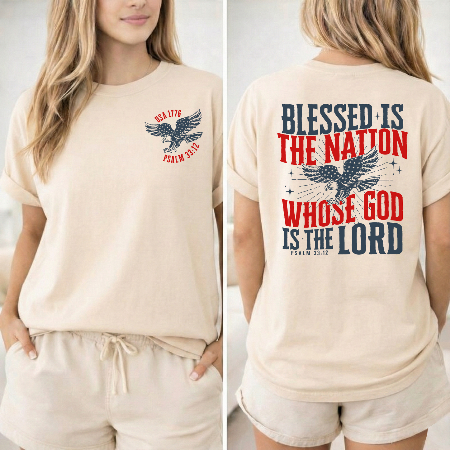 Beige t-shirt with eagle graphic and text on front and back worn by a female